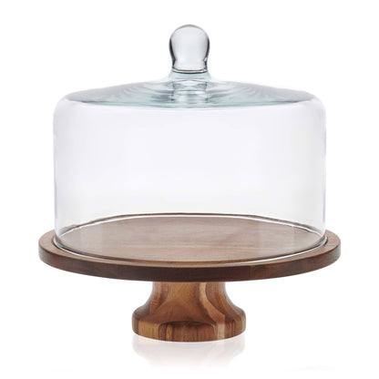 Libbey Acaciawood Footed Wood Cake Stand with Glass Dome