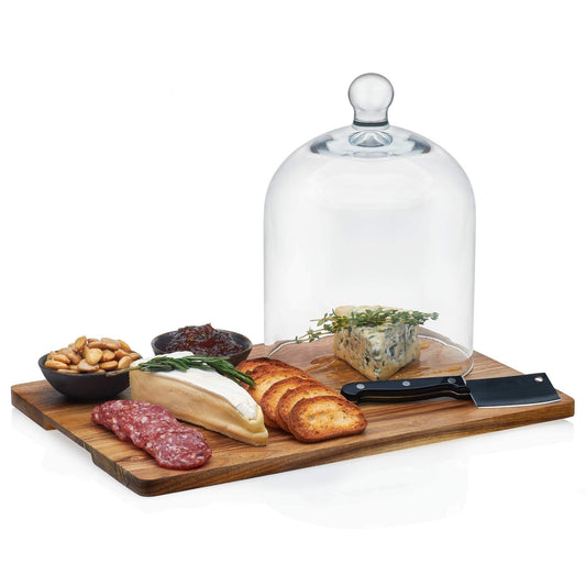 Libbey Acaciawood Cheese Board Serving Set with Glass Dome