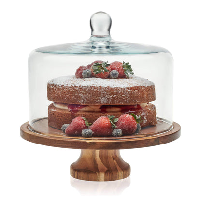 Libbey Acaciawood Footed Wood Cake Stand with Glass Dome